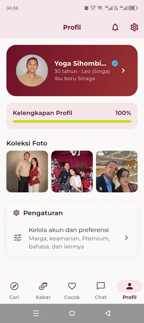 Tampilan aplikasi: Profil dengan Identitas Batak