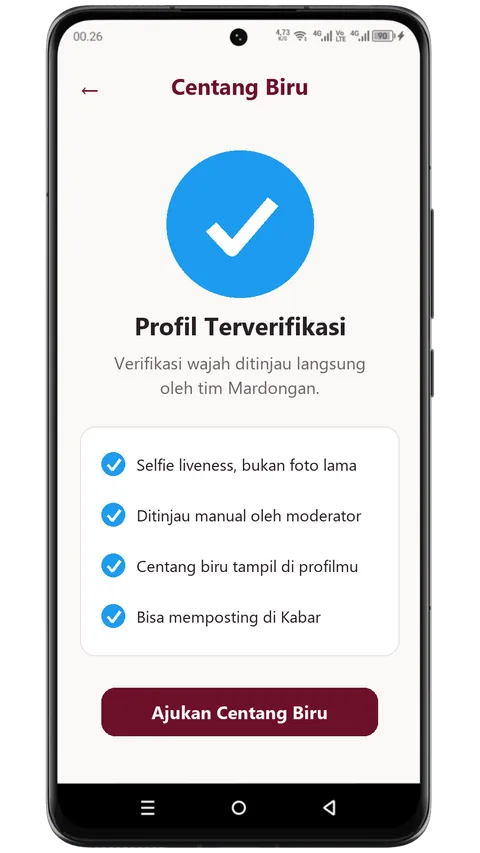 Tampilan aplikasi: Centang Biru Terverifikasi